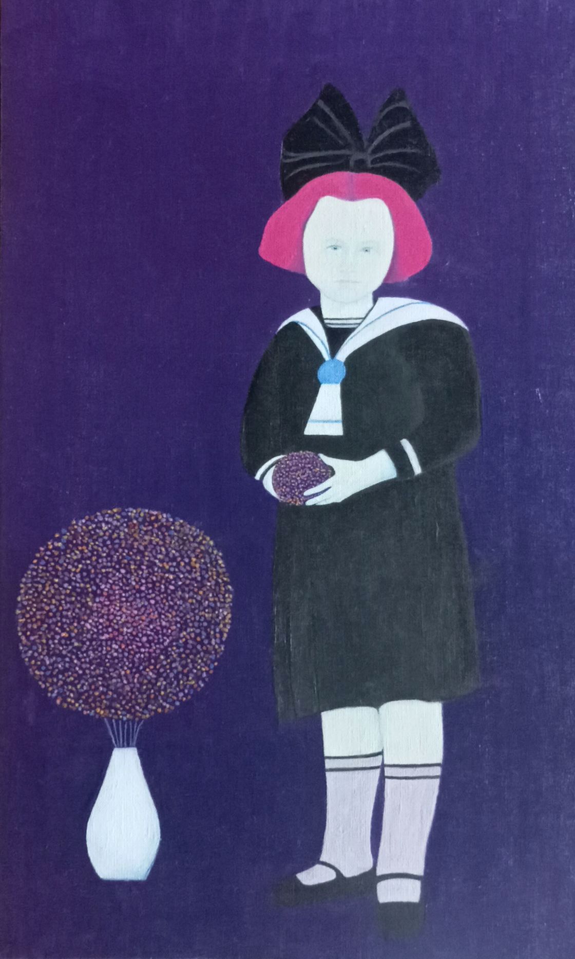2025 Niña_lazo negro y florero en el suelo 55x33 Óleo sobre lienzo